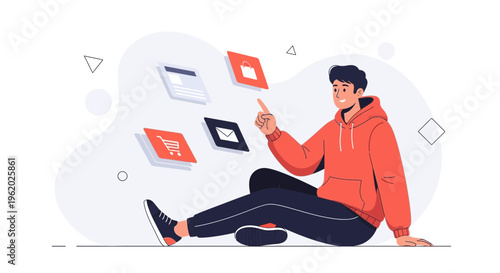 Young man interacting with digital interface, online shopping and communication icons