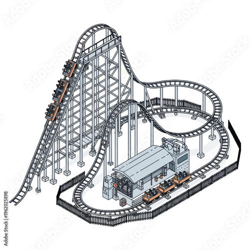 Detailed Roller Coaster Illustration with Tracks and Supports.