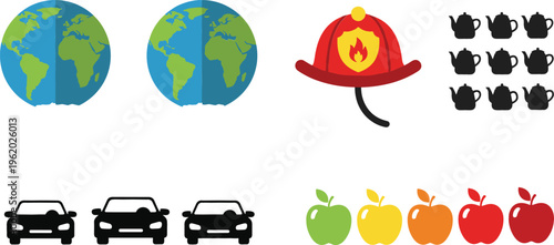 Flat vector icon collection featuring globe earth maps, firefighter helmet, teapot silhouettes, cars and colorful apples isolated on white background