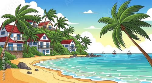 Tropical beach resort with white buildings red roofs and palm trees on a sunny day