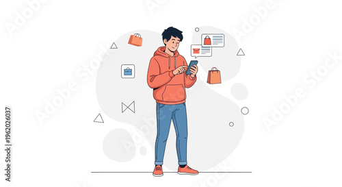 Young Man Using Smartphone for Online Shopping, E-commerce Concept