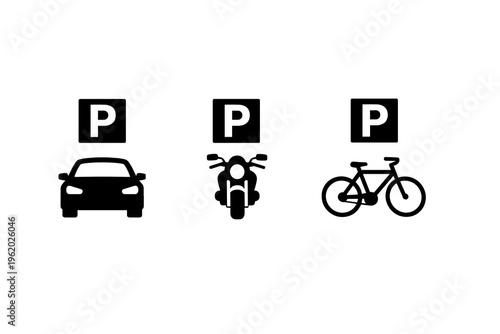 Comprehensive vector illustration depicting diverse parking signs for various vehicle types, including cars, motorcycles, and bicycles, providing clear guidance