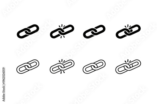 Set of unbroken and broken link chain icons in outline and filled styles, symbolizing connection and disconnection visually