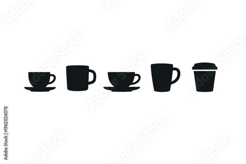 A curated collection of stylized beverage containers, showcasing diverse cup and mug designs, perfect for coffee and tea concepts, ideal for contemporary graphic projects