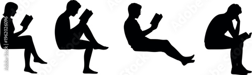 People reading book silhouettes set of men and women sitting poses isolated black vector illustration for education and leisure concept