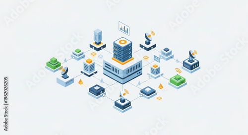 Isometric Network Infrastructure Visualization - Data Centers and Connectivity.