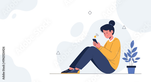 Young Woman Sitting Indoors Using Smartphone, Illustration