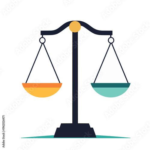 Scales of Justice Flat Design Icon, Weight Balance, Equal Judgment, Law Concept. Equality Balance Scale with Gold and Turquoise Colors. Balance Between Rights and Responsibilities, 2D Illustration