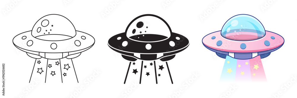 Fototapeta premium UFO spaceship icon set collection in flat style. Spacecraft vector illustration on isolated background. Futuristic transport sign business concept.