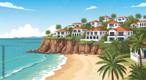 Luxury cliffside resort town with white buildings orange roofs and palm trees overlooking a sandy beach and turquoise ocean waves on a sunny day with blue sky and fluffy clouds