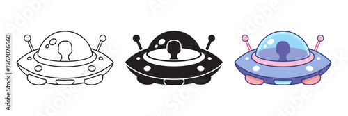 UFO spaceship icon set collection in flat style. Spacecraft vector illustration on isolated background. Futuristic transport sign business concept.