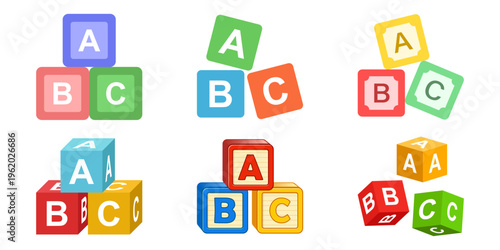 Hand holding alphabet ABC blocks icon set collection in flat style. Child education vector illustration on isolated background. Elementary school sign set collection business concept.