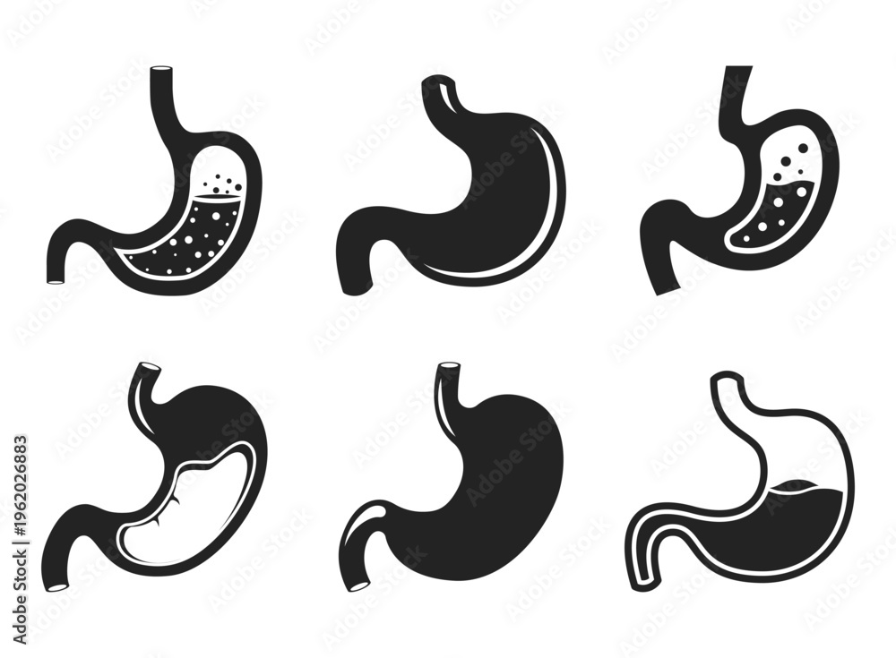 Fototapeta premium Gerd stomach icon set collection in flat style. Reflux vector illustration on isolated background. Esophageal organ sign business concept.