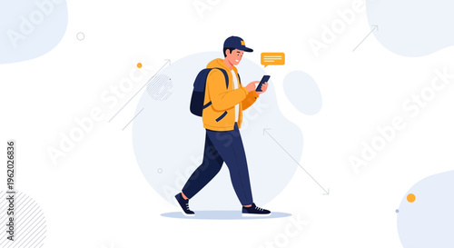 Young man walking and texting on his smartphone with backpack and yellow jacket