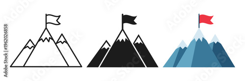 Mountain peak with flag icon set collection in flat style. Exploration hiking vector illustration on isolated background. Success sign business concept.
