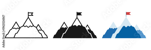 Mountain peak with flag icon set collection in flat style. Exploration hiking vector illustration on isolated background. Success sign business concept.