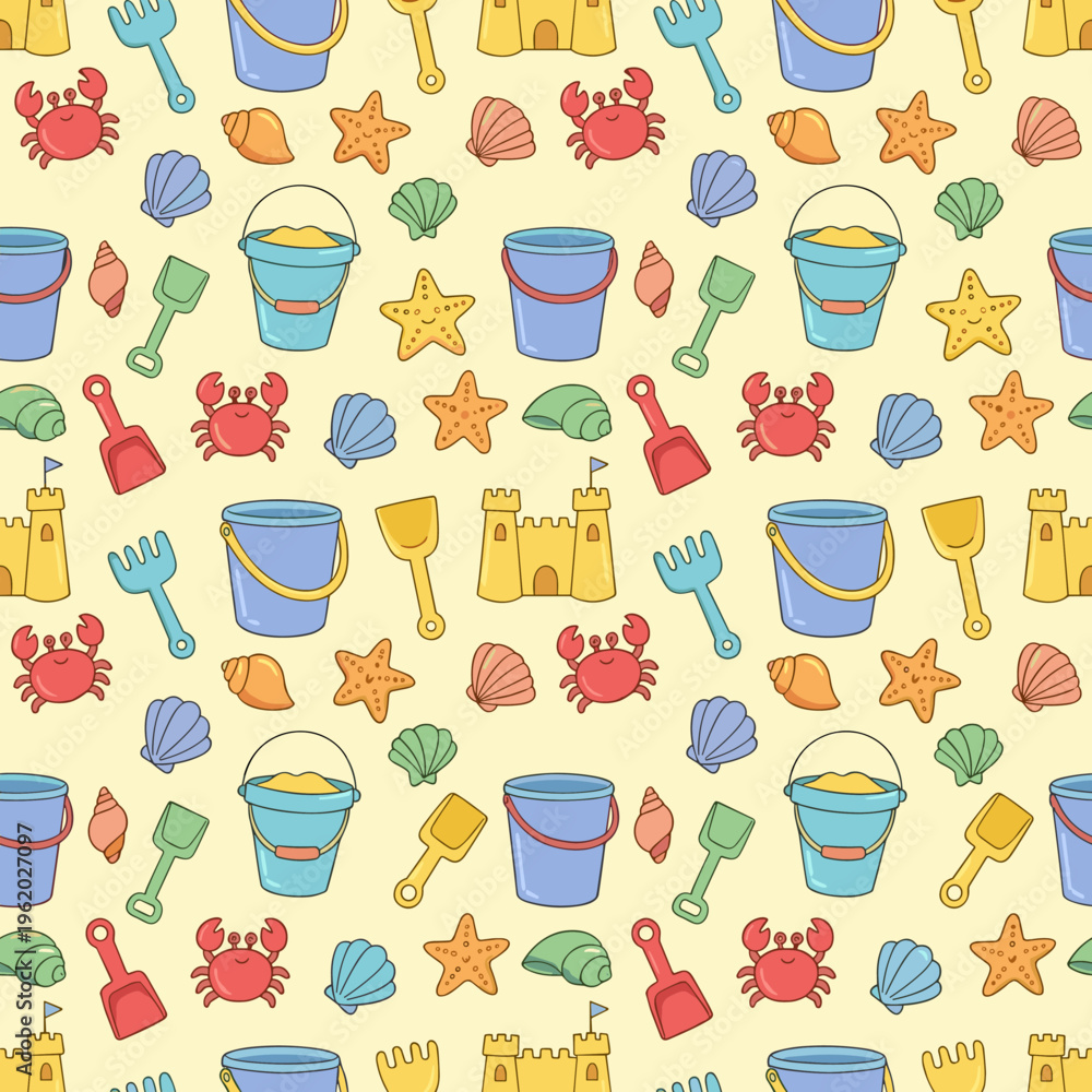 Obraz premium Seamless cartoon pattern of beach toys and sea creatures
