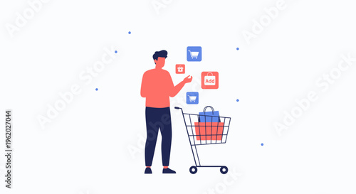 Online Shopping Concept: Man Adding Items to Cart with Icons