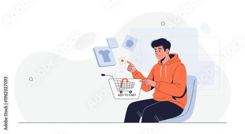 Man Shopping Online, Adding Items to Virtual Cart, E-commerce Concept