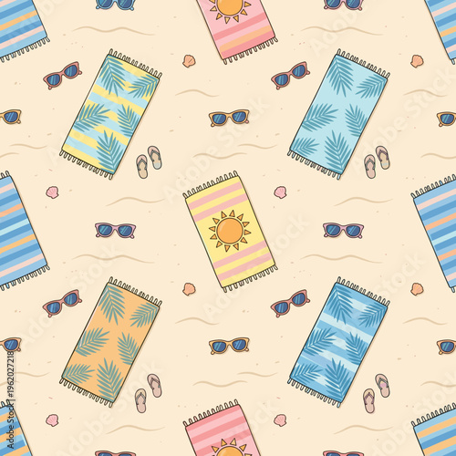 Seamless summer beach pattern with towels and sunglasses