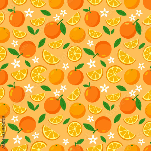 Seamless cartoon pattern of oranges and leaves