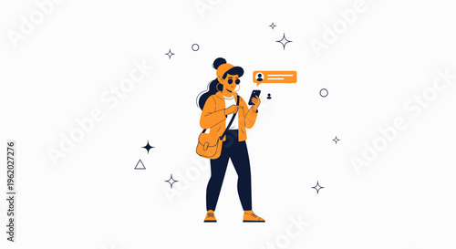 Young woman with headphones texting on smartphone, surrounded by stars and geometric shapes