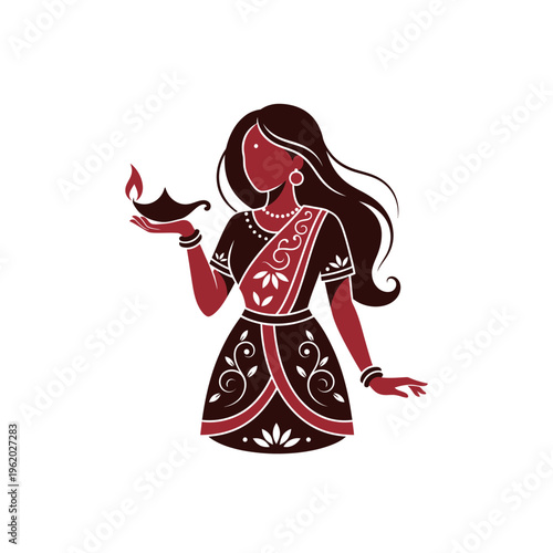 Indian woman holding a traditional oil lamp for Diwali festival celebration.