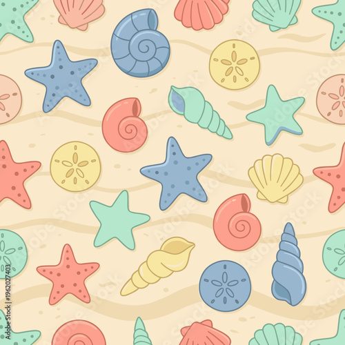 Seamless cartoon pattern of starfish, seashells and sand dollars