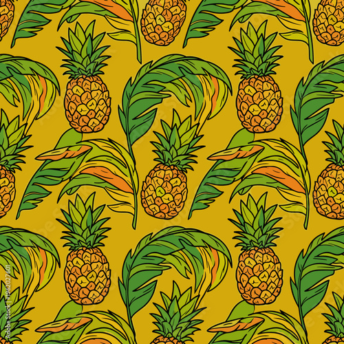 Tropical seamless pattern with pineapples and palm leaves