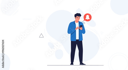 Man checking phone with notification bell alert, modern flat illustration