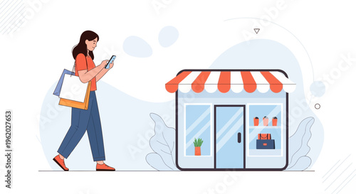 Woman with shopping bags using phone near a small store, online shopping concept