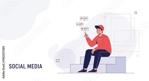 Young man interacting with social media notifications, likes and messages, concept illustration