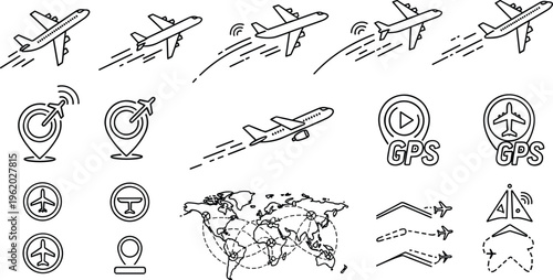 Airplane Navigation and GPS Icon Set Featuring Flight Paths, GPS Signals, and Travel Routes for Aviation Websites, Apps, and Digital Media Designs