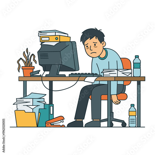 A man sits at a cluttered desk with a computer and books looking stressed