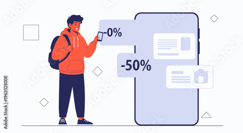 Young man with backpack using smartphone, showing discounts on screen, online shopping concept