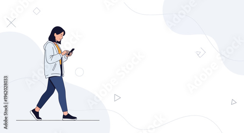 Woman walking and looking at smartphone, minimalist illustration, abstract background