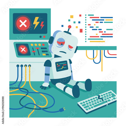 A frustrated robot sits amidst malfunctioning computer screens and cables on the floor