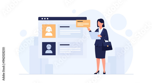 Businesswoman reviewing candidate profiles on a digital interface, recruitment concept
