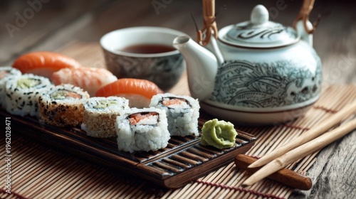 Assortment of fresh sushi, chopsticks, wasabi, and a teapot with tea on a bamboo mat