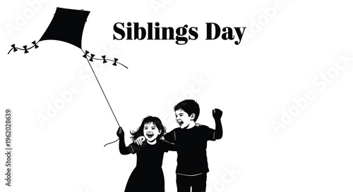Happy siblings flying a kite together, celebrating their bond and connection on Siblings Day with a cheerful vector illustration.