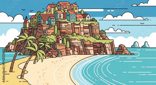 Colorful cartoon cliffside village on a tropical island with sandy beach and turquoise sea