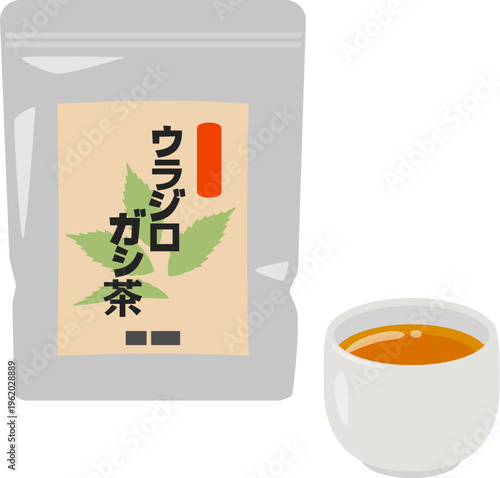 ウラジロガシ茶のパッケージと湯吞に入った茶