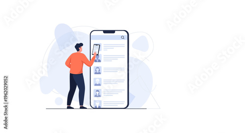 Man browsing profiles on a large smartphone screen, online recruitment concept
