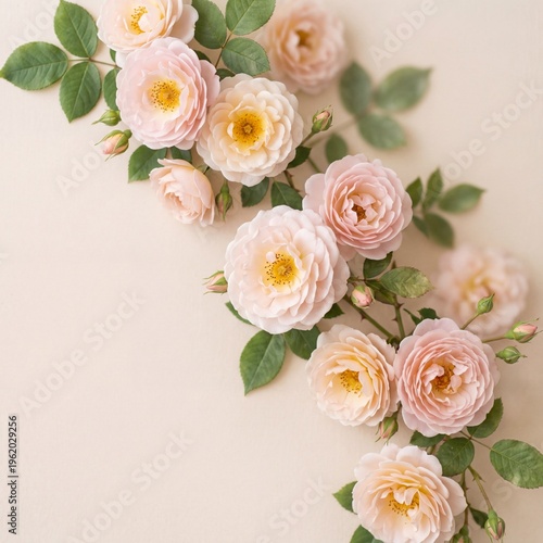 Vertical arrangement of pastel French roses with green leaves against soft beige background with copy space