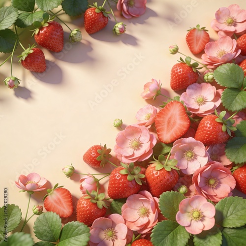 Vertical arrangement of hyper-realistic strawberries with green leaves against soft beige background with copy space