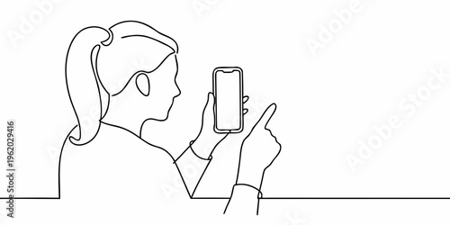 Line drawing of a woman interacting with a smartphone