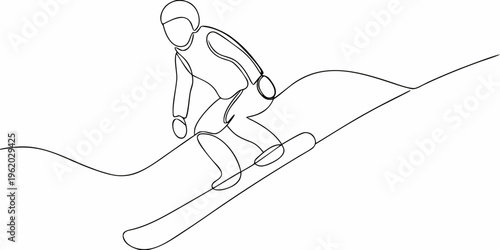A minimalist line drawing depicts a snowboarder in action