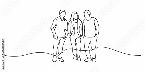 Minimalist line drawing depicts three people standing closely together