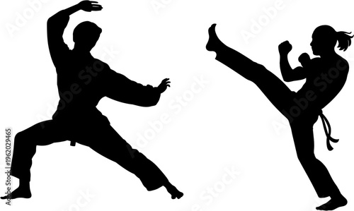 Shadows of Martial Art: Two figures demonstrate the dynamic art of martial arts. one figure executes a powerful kick, while the other embodies poised defense.