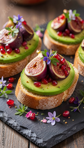 Gourmet toast topped with fresh avocado, figs, and pomegranate seeds, beautifully arranged with edible flowers. This vibrant and healthy food composition highlights modern cuisine, natural ingredients